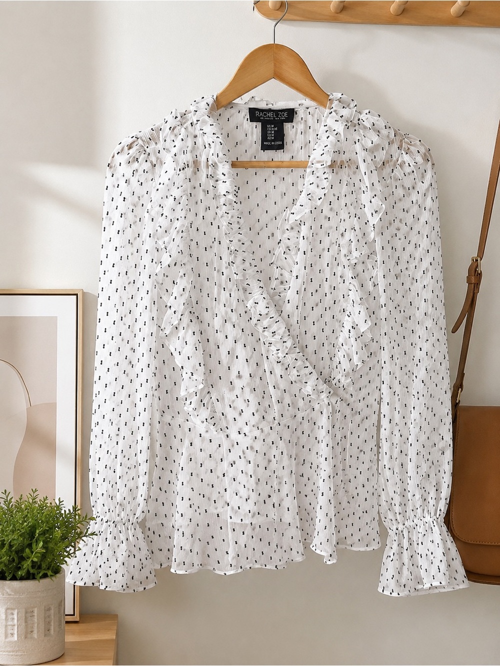 Rachel Zoe White Ruffle Wrap Blouse with Black Dot Print
